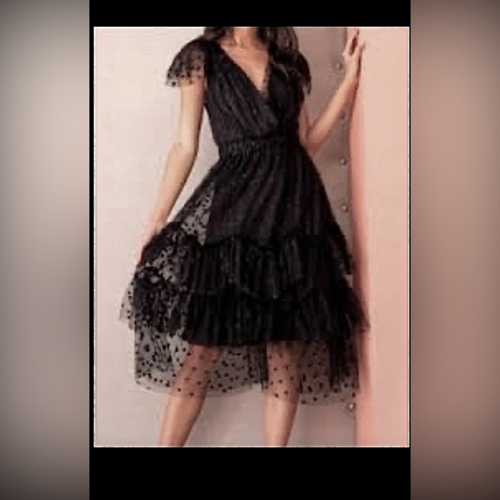 Anthropologie x Eva Franco Black Tulle Midi Dress Swiss Polka Dots #ME9205 Sz. 4